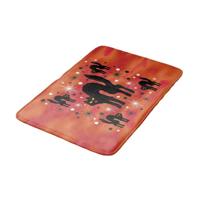 Retro Black Cats Fantasy with Starbursts on Orange Bath Mat (Angled)
