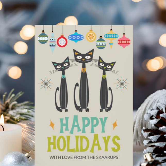 Retro Black Cats Ornaments Mid Century Christmas Holiday Card (Creator Uploaded)