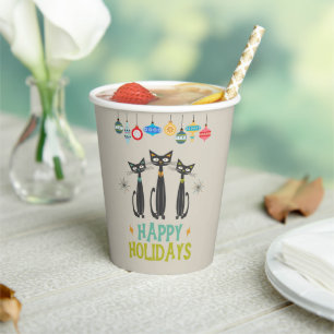 Retro Black Cats & Ornaments Midcentury Christmas Paper Cups