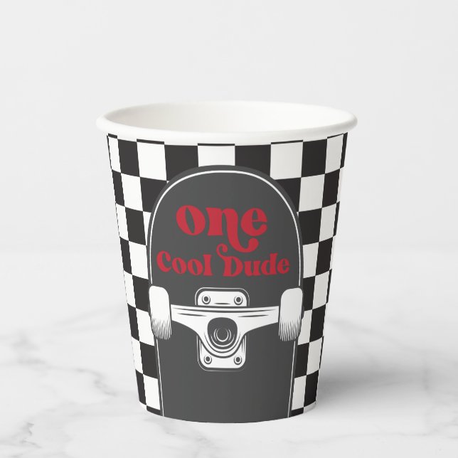 Retro Black Check Skateboard Birthday Paper Cups (Front)