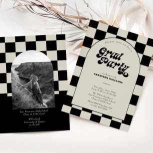 Retro Black Checkered Arch Photo Graduation Party Invitation