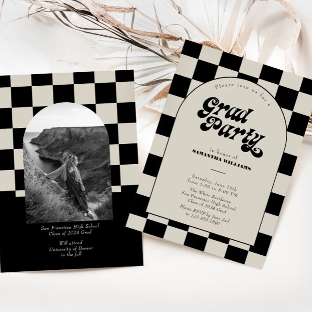 Retro Black Checkered Arch Photo Graduation Party Invitation (Creator Uploaded)