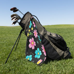 Retro Black colourful Flowers Pattern Birthday par Golf Towel