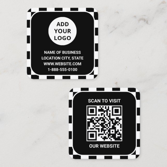 Retro Black Custom Logo and QR Code Square Business Card (Front/Back)