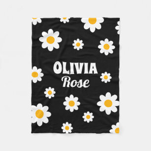 Retro Black Daisy 70's Hippie Custom Name Fleece Blanket