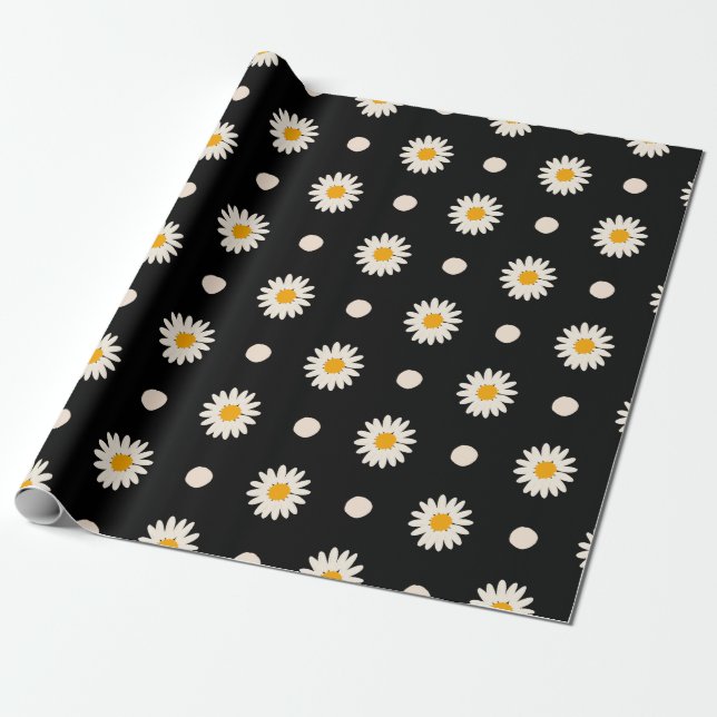 Retro Black Daisy Floral Pattern  Wrapping Paper (Unrolled)