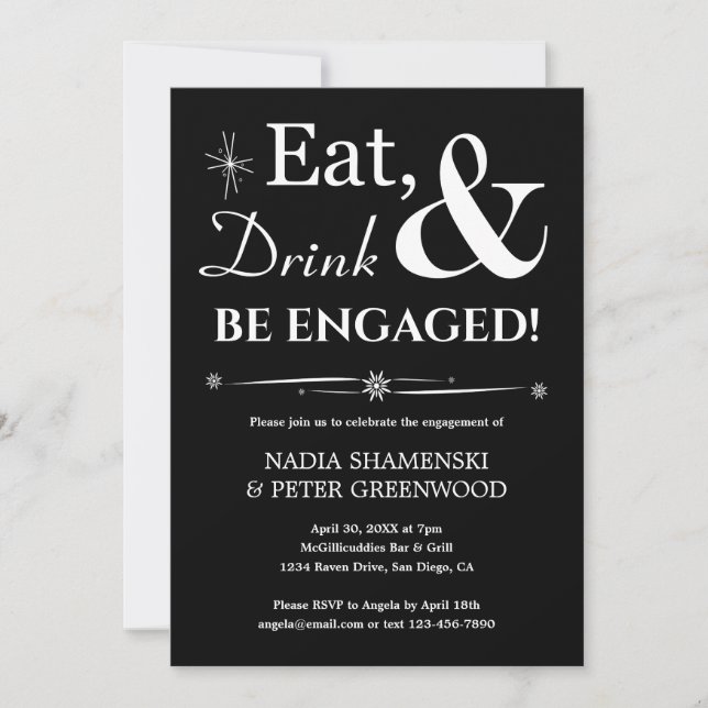 Retro Black Eat Drink Be Engaged Engagement Party Invitation (Front)
