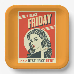 Retro Black Friday Pop Art Pin-Up Girl Paper Plate