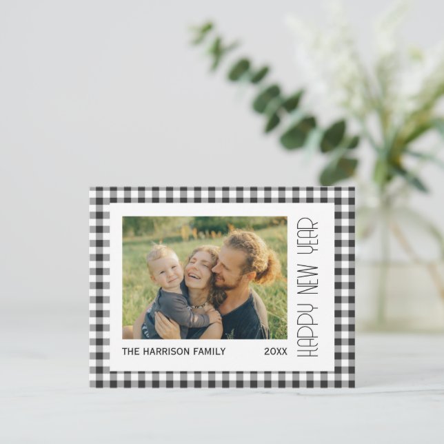 Retro Black Gingham Plaid New Year Photo  Postcard (Standing Front)