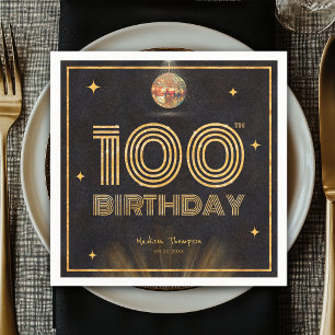Retro Black Gold Disco Ball Party 100th Birthday Napkin