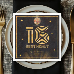 Retro Black Gold Disco Ball Party 16th Birthday Napkin