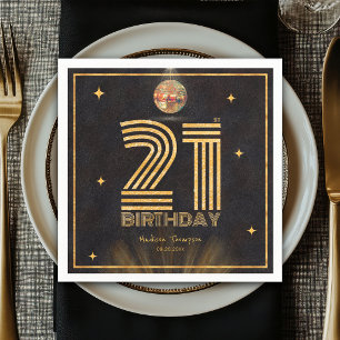 Retro Black Gold Disco Ball Party 21st Birthday Napkin