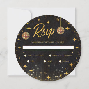 Retro Black Gold Glitter Disco Ball Wedding RSVP