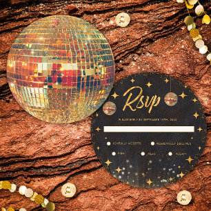 Retro Black Gold Glitter Disco Ball Wedding RSVP