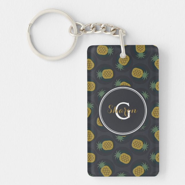 Retro black gold pineapple patterns monogram key ring (Front)