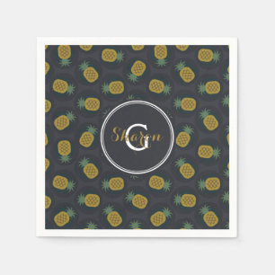 Retro black gold pineapple patterns monogram napkin