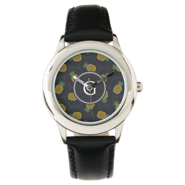 Retro black gold pineapple patterns monogram watch (Front)
