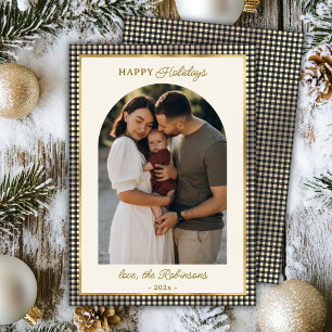 Retro Black Gold Plaid Arch Photo Christmas Happy  Holiday Card