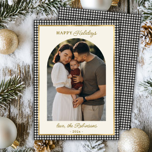 Retro Black Gold Plaid Arch Photo Christmas Happy  Holiday Card