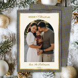 Retro Black Gold Plaid Arch Photo Merry Christmas Holiday Card<br><div class="desc">Retro Black and Gold Plaid Arch Photo Merry Christmas Holiday Card. Celebrate the season in style with this elegant plaid photo Christmas card featuring a black and faux gold gingham border and a modern arch-shaped photo frame. Personalise it with your favourite family photo, with template texts „Merry Christmas”, family name,...</div>