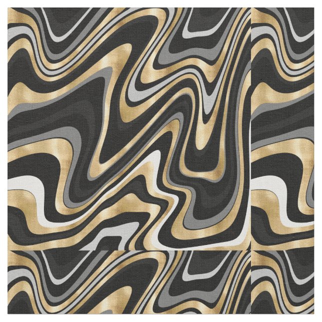 Retro Black Gold Wavy Lines Modern Design Fabric (Close Up)
