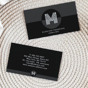 Retro Black Grey White Geometric Modern Monogram Business Card