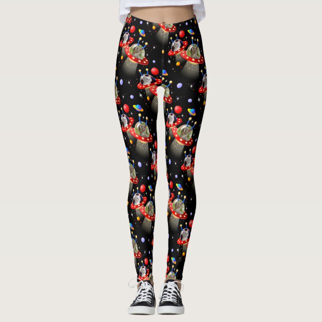 Retro Black Mid Century Space Cats Red Flying Sauc Leggings (Front)