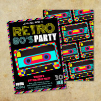 Retro Black Neon Cassette Tape 80s Birthday Party