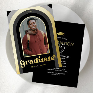 Retro Black Photo Graduation Party Gold