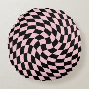 Retro Black Pink Checks Warped Chequered Dorm   Round Cushion