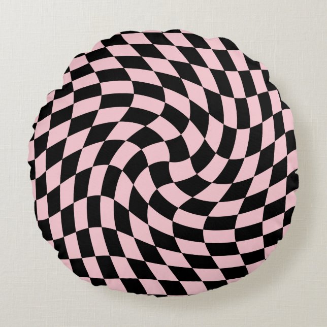 Retro Black Pink Checks Warped Chequered Dorm   Round Cushion (Front)
