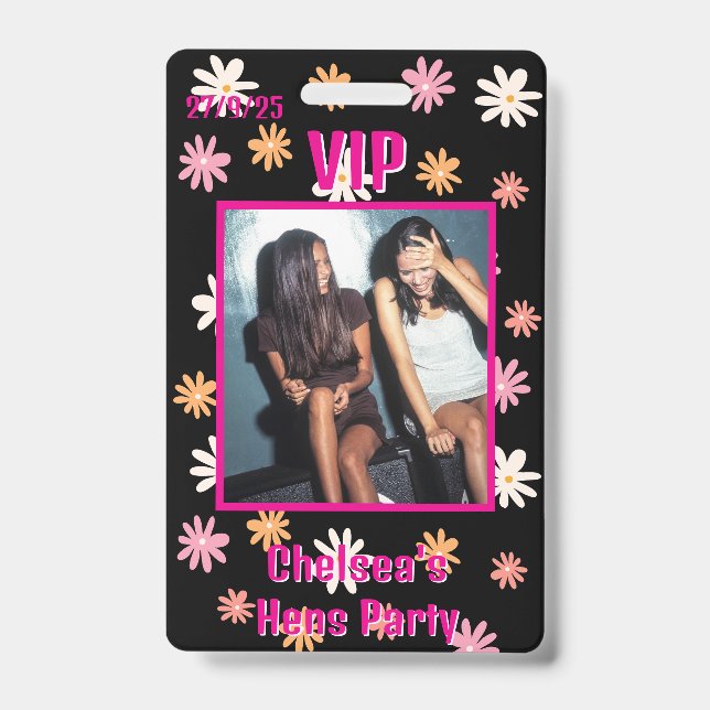 Retro Black & Pink Daisy Hen Party VIP Pass ID Badge (Front)