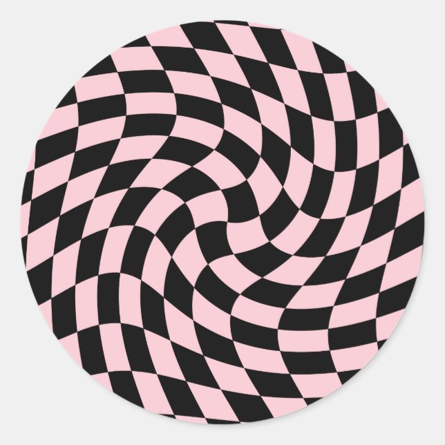 Retro Black Pink Pastel Warped Checks Chequered   Classic Round Sticker (Front)