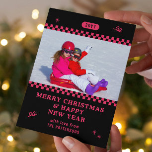Retro Black Pink Personalised Christmas Photo Holiday Card