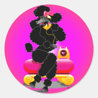 Retro Black Poodle on Phone Classic Round Sticker