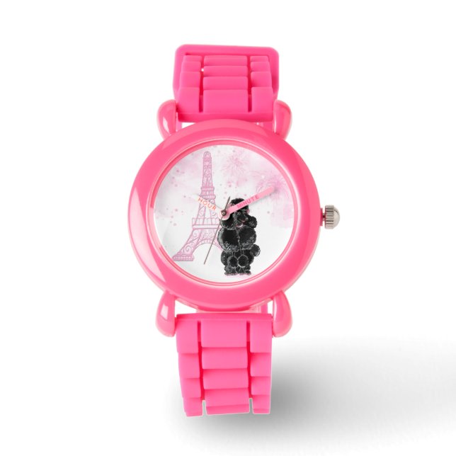Retro Black Poodle Pink Eiffel Tower Watch (Front)