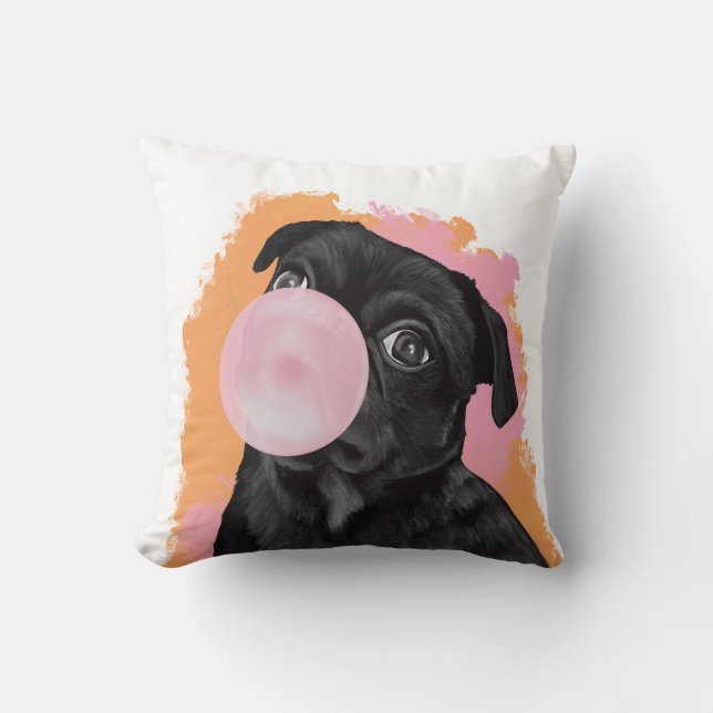 Retro Black Pug Pink Bubblegum Cushion (Front)