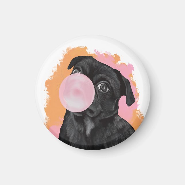 Retro Black Pug Pink Bubblegum Magnet (Front)