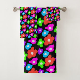 Retro Black Rainbow Colourful Flowers Pattern Bath Towel Set