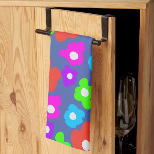 Retro Black Rainbow Colourful Flowers Pattern Tea Towel