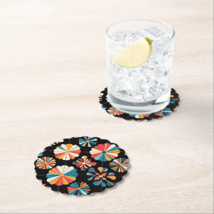 Retro Black Rainbow geometric Flowers Pattern Paper Coaster