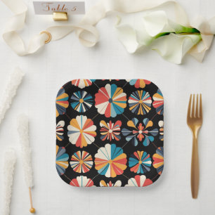 Retro Black Rainbow geometric Flowers Pattern Paper Plate