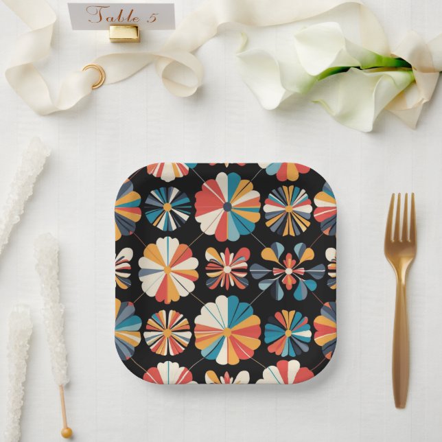 Retro Black Rainbow geometric Flowers Pattern  Paper Plate (Wedding)