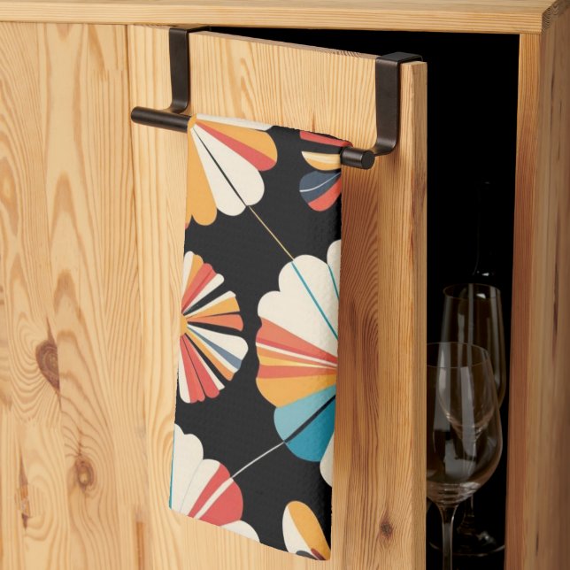 Retro Black Rainbow geometric Flowers Pattern  Tea Towel (Thirds Fold)