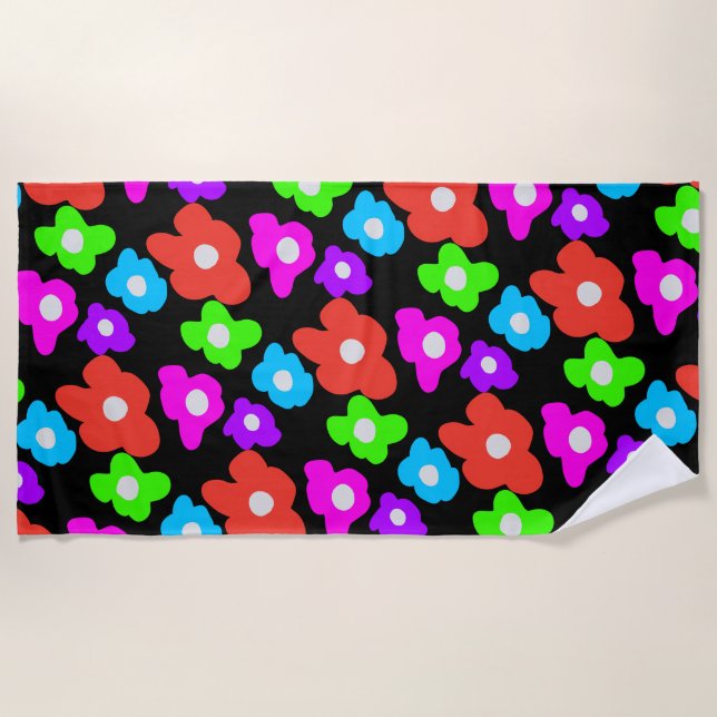Retro Black Rainbow pride colour Flowers Pattern Beach Towel (Front)