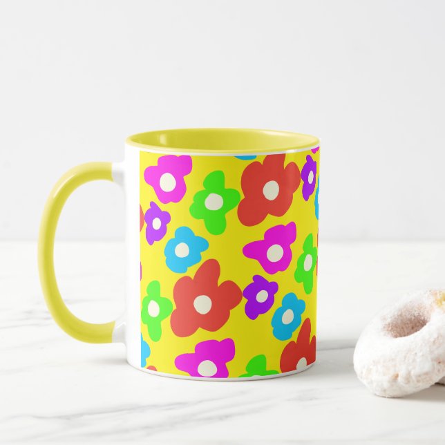 Retro Black Rainbow pride colour Flowers Pattern Mug (With Donut)