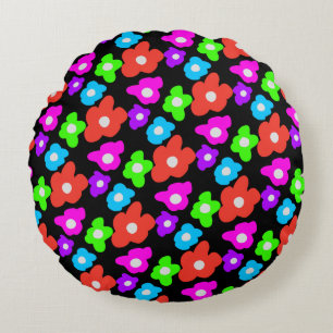 Retro Black Rainbow pride colour Flowers Pattern Round Cushion