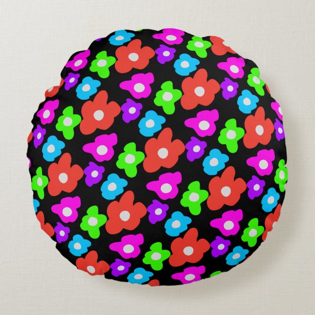 Retro Black Rainbow pride colour Flowers Pattern Round Cushion (Front)