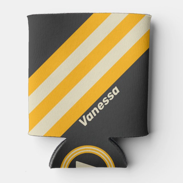 Retro Black Sun Stripes with Name Can Cooler (Front)