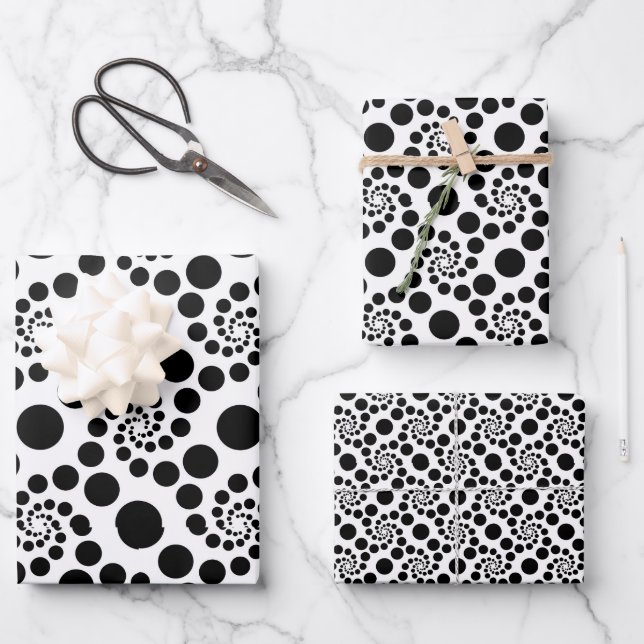 Retro Black Swirl Dot Pattern Theme Wrapping Paper Sheet (Front)